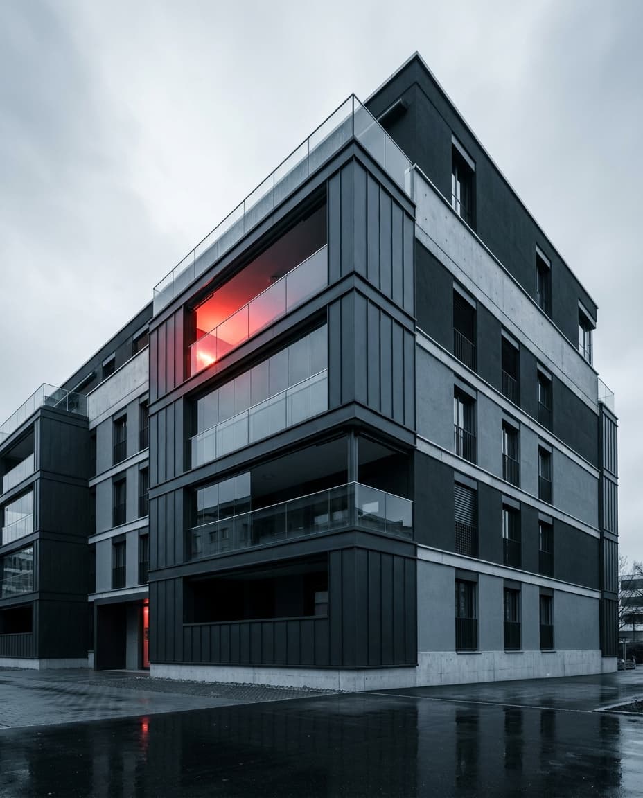 Modernes Wohngebäude in Basel — Fassade im Stahl-Treatment