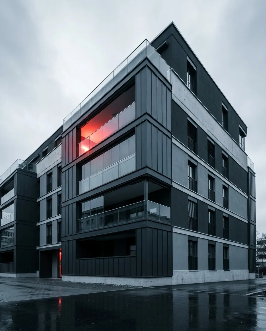 Modernes Wohngebäude in Basel — Fassade im Stahl-Treatment