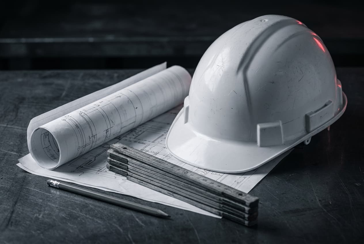 Bauhelm auf Bauplänen — Präzision und Handwerk der ELVA Group GmbH in Basel