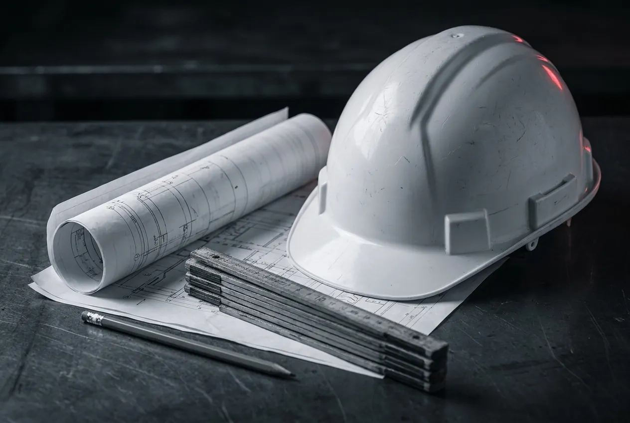 Bauhelm auf Bauplänen — Präzision und Handwerk der ELVA Group GmbH in Basel